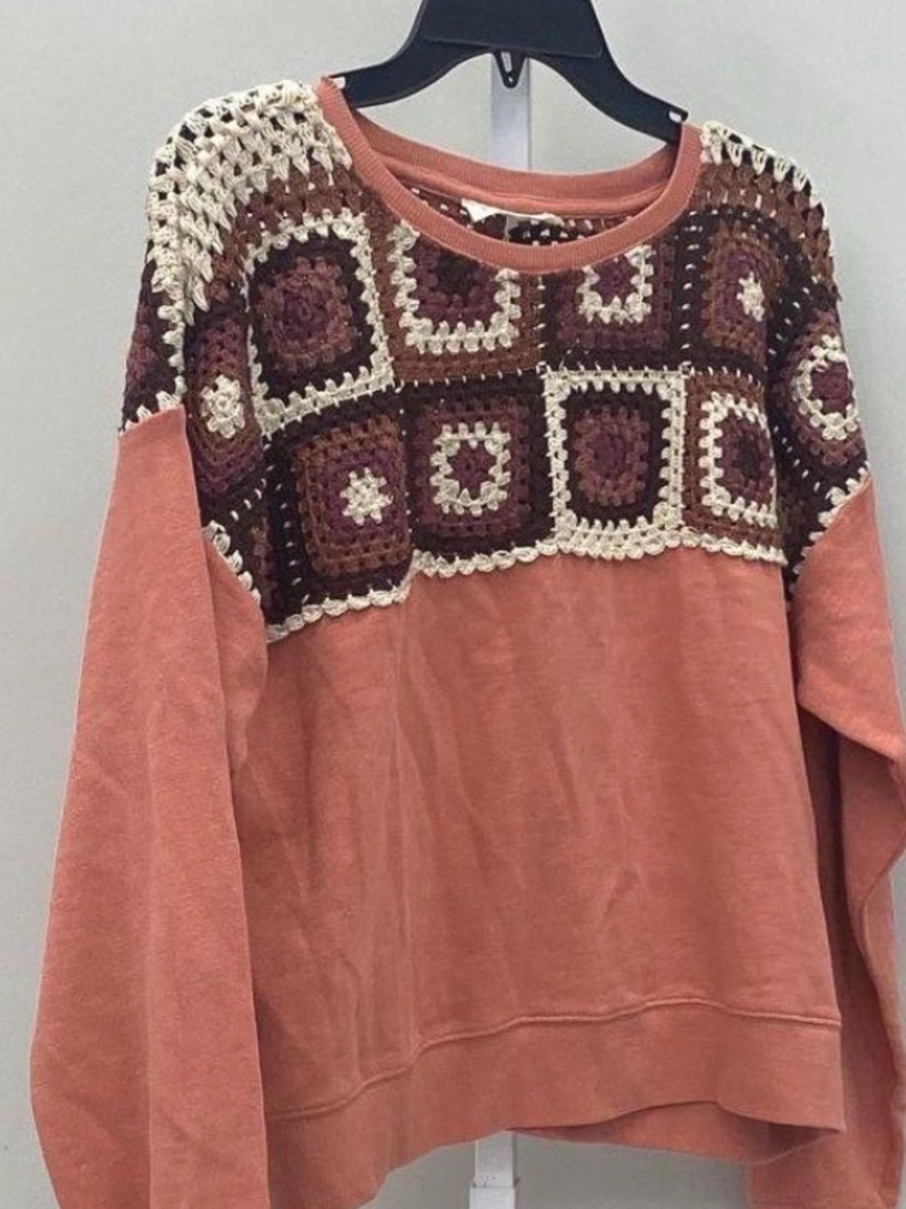 Lucky Brand Peach Crewneck Sweater with Crochet Yoke